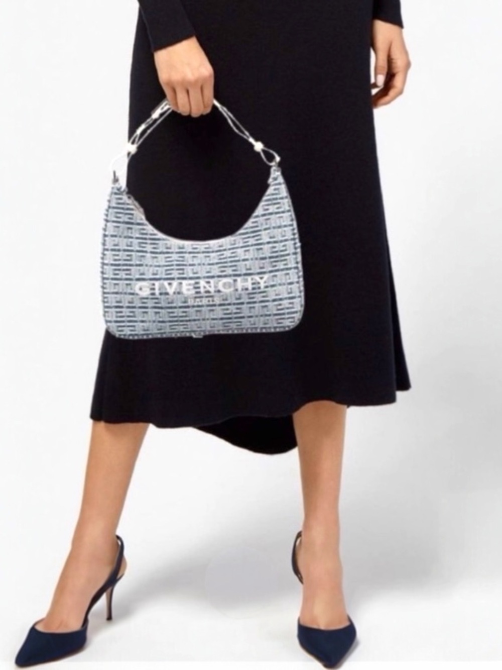 Givenchy 4G Logo Small Moon Cut Out Hobo Tote Handbag Denim Blue Shoulder Purse